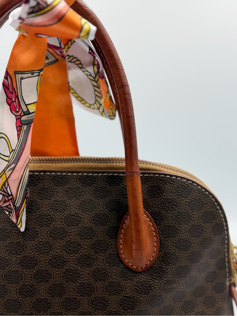 Celine Brown Leather-Trim Satchel with Orange Scarf Accent (pre-owned) - Picture 5 of 10